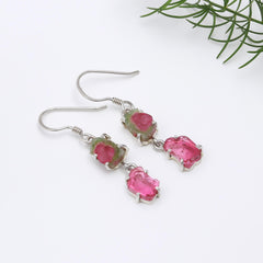 925 Sterling Silver Red-Green & Pink Tourmaline Earrings