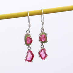 925 Sterling Silver Red-Green & Pink Tourmaline Earrings