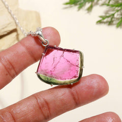 Statement Pink-Green Tourmaline Slice Pendant in 925 Sterling Silver