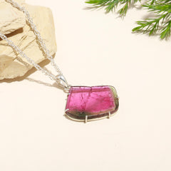 Statement Pink-Green Tourmaline Slice Pendant in 925 Sterling Silver