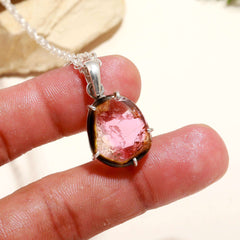 Pink-White Tourmaline Slice Pendant in 925 Sterling Silver