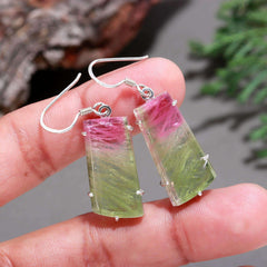 925 Sterling Silver Pink & Green Long Tourmaline Earrings