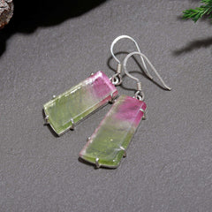 925 Sterling Silver Pink & Green Long Tourmaline Earrings