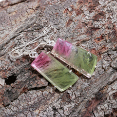 925 Sterling Silver Pink & Green Long Tourmaline Earrings
