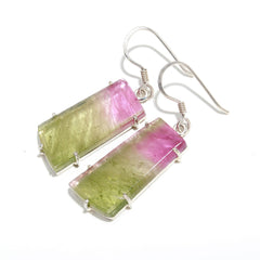 925 Sterling Silver Pink & Green Long Tourmaline Earrings