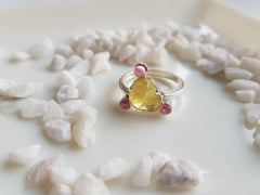 Yellow Tourmaline Flat Cut & Pink Tourmaline Cab Ring โ 925 Sterling Silver