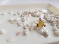 Yellow Tourmaline Flat Cut & Pink Tourmaline Cab Ring โ 925 Sterling Silver