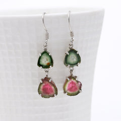 925 Sterling Silver Dark Green & Dark Pink Tourmaline Dangle Earrings