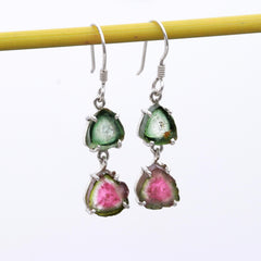 925 Sterling Silver Dark Green & Dark Pink Tourmaline Dangle Earrings