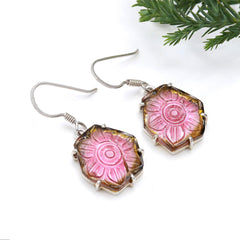 925 Sterling Silver Pink & Green Carved Tourmaline Earrings
