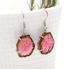 925 Sterling Silver Pink & Green Carved Tourmaline Earrings
