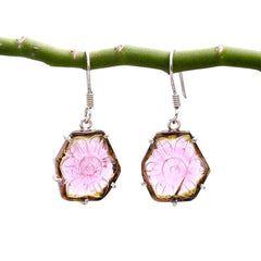 925 Sterling Silver Pink & Green Carved Tourmaline Earrings