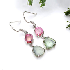 925 Sterling Silver Pink & Green Tourmaline Dangle Earrings