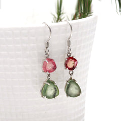 925 Sterling Silver Pink & Green Tourmaline Dangle Earrings