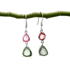 925 Sterling Silver Pink & Green Tourmaline Dangle Earrings