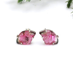 925 Sterling Silver Pink Carved Tourmaline Stud Earrings