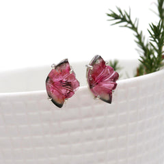 925 Sterling Silver Pink Carved Tourmaline Stud Earrings