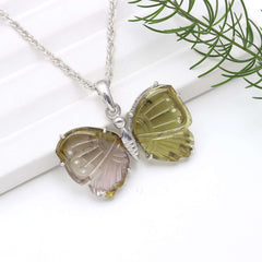 Hand-Carved Green Tourmaline Butterfly Pendant in 925 Sterling Silver