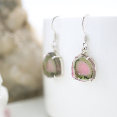 Light Center Watermelon Tourmaline Slice Earrings – 925 Sterling Silver