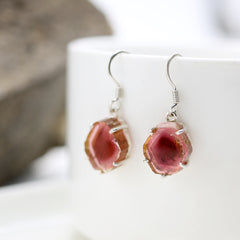 Pink Watermelon Tourmaline Slice Earrings โ 925 Sterling Silver