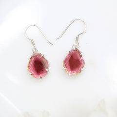 Pink Watermelon Tourmaline Slice Earrings โ 925 Sterling Silver