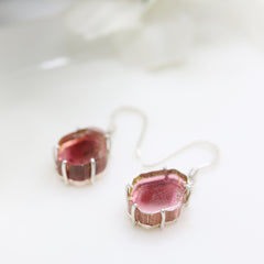 Pink Watermelon Tourmaline Slice Earrings โ 925 Sterling Silver