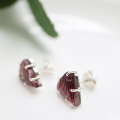 Carved Tourmaline Fan Stud Earrings โ 925 Sterling Silver