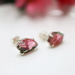 Carved Pink & Green Tourmaline Leaf Studs โ 925 Sterling Silver