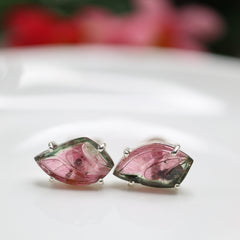 Carved Pink & Green Tourmaline Leaf Studs โ 925 Sterling Silver