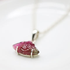 Carved Pink & Green Tourmaline Pendant โ 925 Sterling Silver