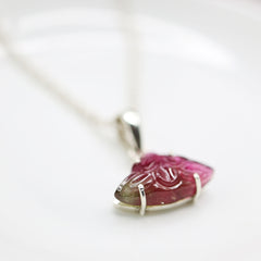 Carved Pink & Green Tourmaline Pendant โ 925 Sterling Silver