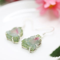 Pastel Watermelon Tourmaline Slice Earrings โ 925 Sterling Silver