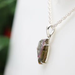 Carved Green & Pink Tourmaline Wing Pendant – 925 Sterling Silver