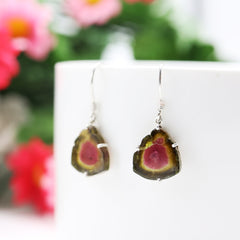 Watermelon Tourmaline Slice Earrings – 925 Sterling Silver