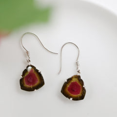 Watermelon Tourmaline Slice Earrings – 925 Sterling Silver