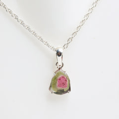 Dark Pink Center Watermelon Tourmaline Slice Pendant โ 925 Sterling Silver