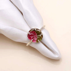 Fine Quality Carved Tourmaline Flower Ring โ 925 Sterling Silver