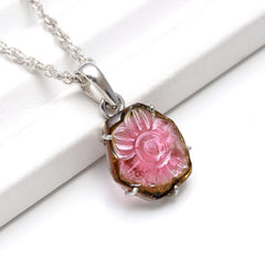 Pink & Green Tourmaline Carved Pendant in 925 Sterling Silver