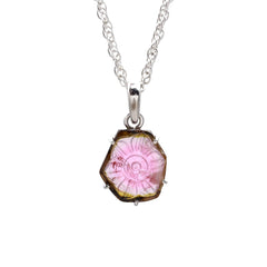 Pink & Green Tourmaline Carved Pendant in 925 Sterling Silver