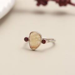 Yellow Tourmaline Flat-Cut Ring with Pink Round Accents – 925 Sterling Silver