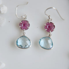 Pink Tourmaline Flower & Blue Topaz Heart Briollite Drop Earrings โ 925 Sterling Silver
