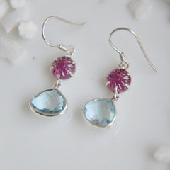 Pink Tourmaline Flower & Blue Topaz Heart Briollite Drop Earrings โ 925 Sterling Silver
