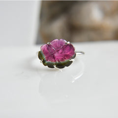 Green-Pink Bicolor Tourmaline Long Flower Ring – 925 Sterling Silver