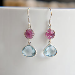 Pink Tourmaline Flower & Blue Topaz Heart Briollite Drop Earrings โ 925 Sterling Silver