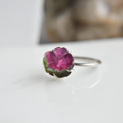 Green-Pink Bicolor Tourmaline Long Flower Ring – 925 Sterling Silver