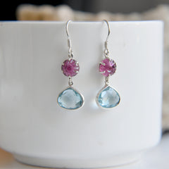 Pink Tourmaline Flower & Blue Topaz Heart Briollite Drop Earrings โ 925 Sterling Silver