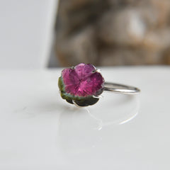 Green-Pink Bicolor Tourmaline Long Flower Ring – 925 Sterling Silver