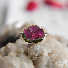 Green-Pink Bicolor Tourmaline Long Flower Ring – 925 Sterling Silver