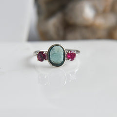 Blue Tourmaline Flat Cut & Pink Tourmaline Round Cut Ring – 925 Sterling Silver