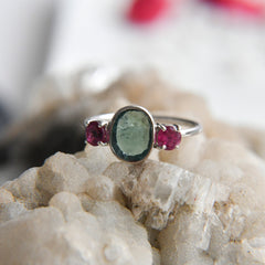 Blue Tourmaline Flat Cut & Pink Tourmaline Round Cut Ring – 925 Sterling Silver